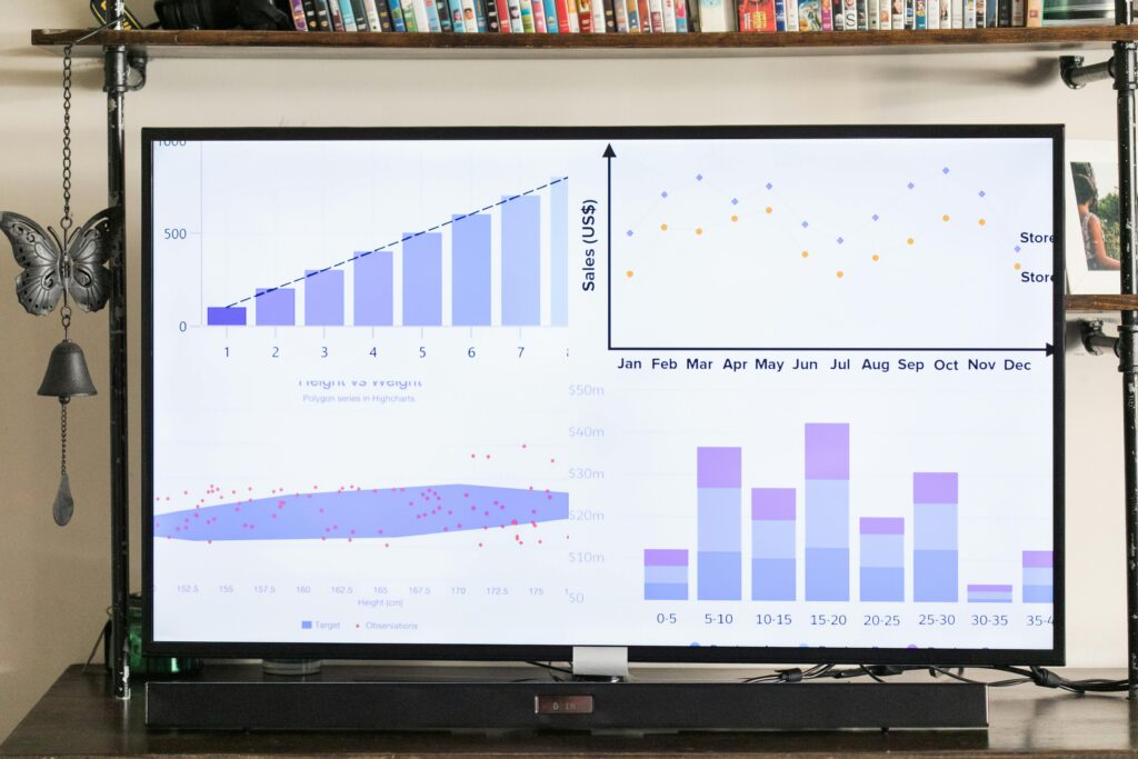 A screen displays various data charts and graphs in a modern interior setting, ideal for business presentations.